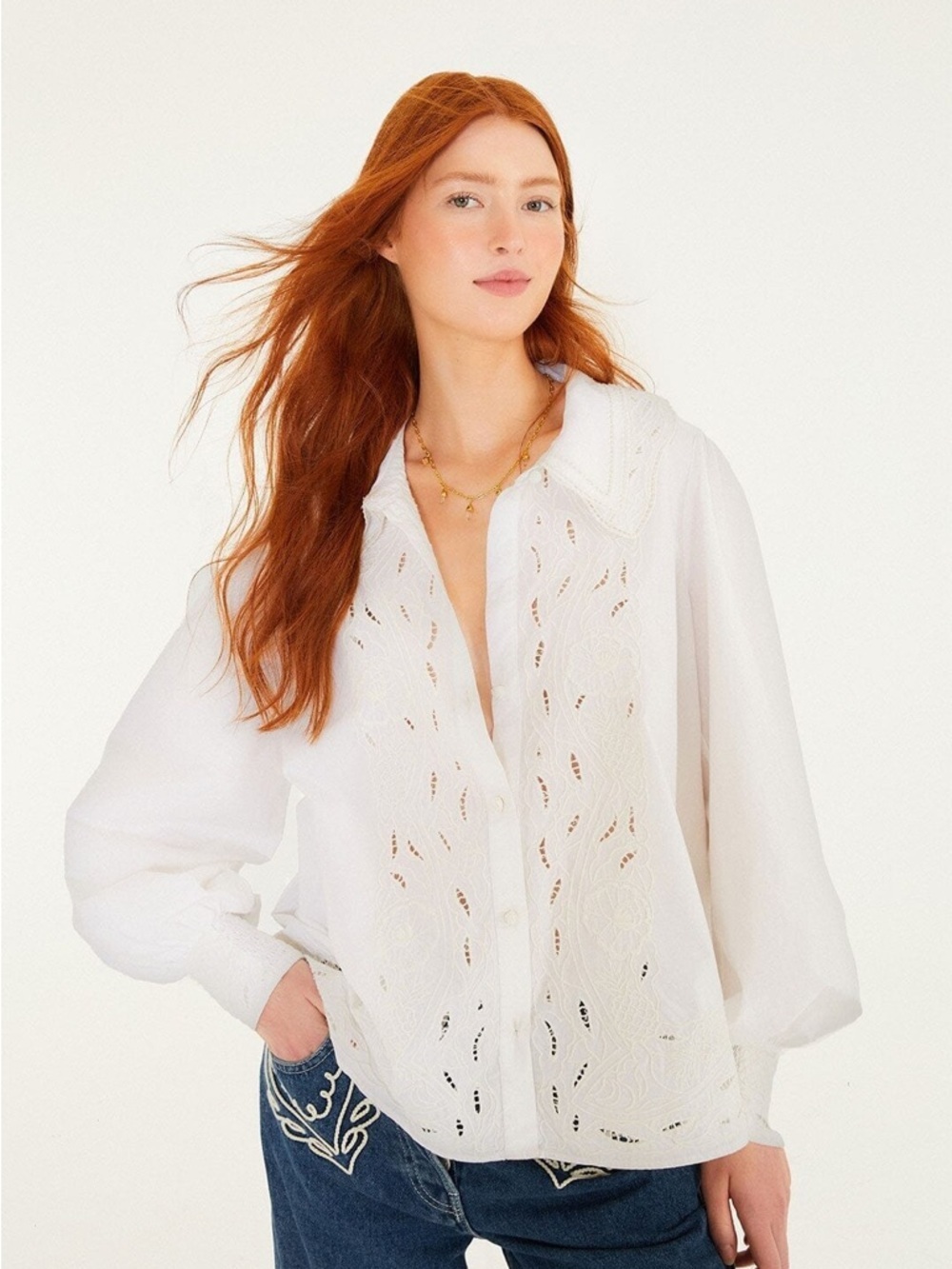 Farm Rio: Off-White Embroidered Lace Buttoned Smocked Cuff Shirt